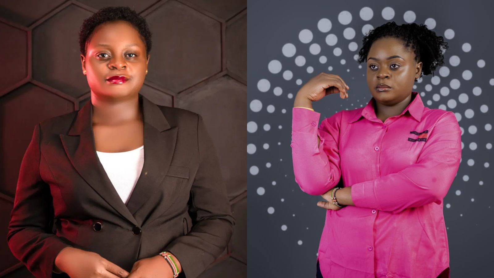 Two studio portraits of a young African female journalist, one in a black blazer and the other in a pink shirt, posing against professional backdrops.