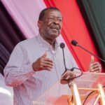 Musalia Mudavadi addressing the public at a podium during a stakeholder event in Malava, with microphones and a Kenyan flag backdrop behind him.