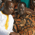 Oburu Oginga speaking with Raila Odinga while seated together at a public gathering.