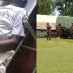 Collage showing a young man lying motionless on a stretcher and several Kenya Defence Forces officers standing beside military vehicles at a recruitment ground in Bungoma County.