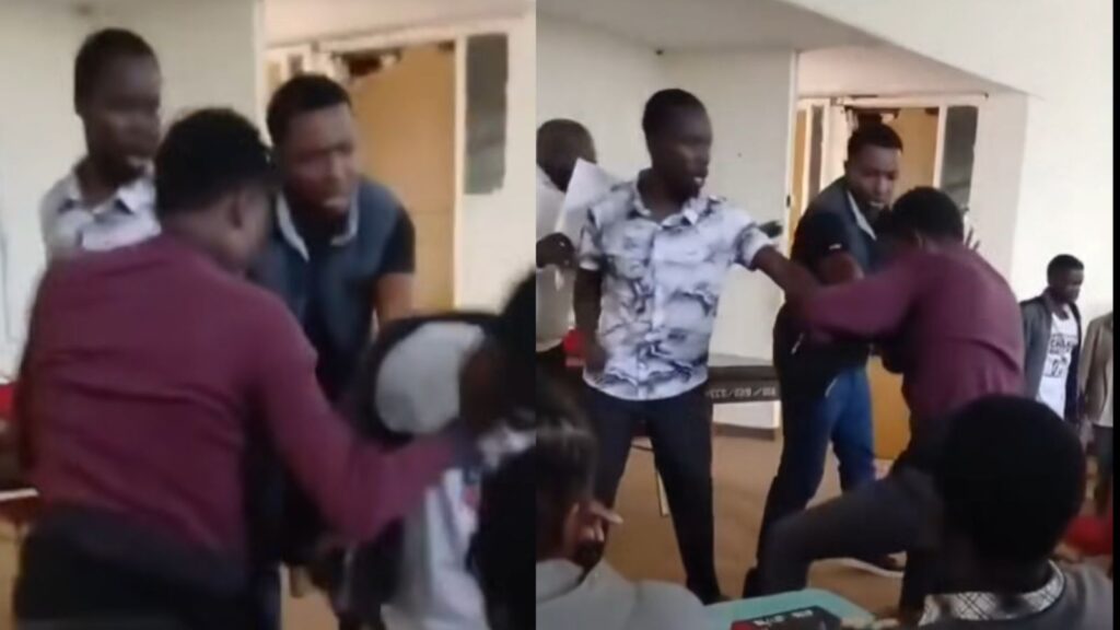 Two side-by-side images showing a group of male students confronting and physically attacking another student inside a classroom, with desks and other students visible in the background at Masinde Muliro University of Science and Technology.
