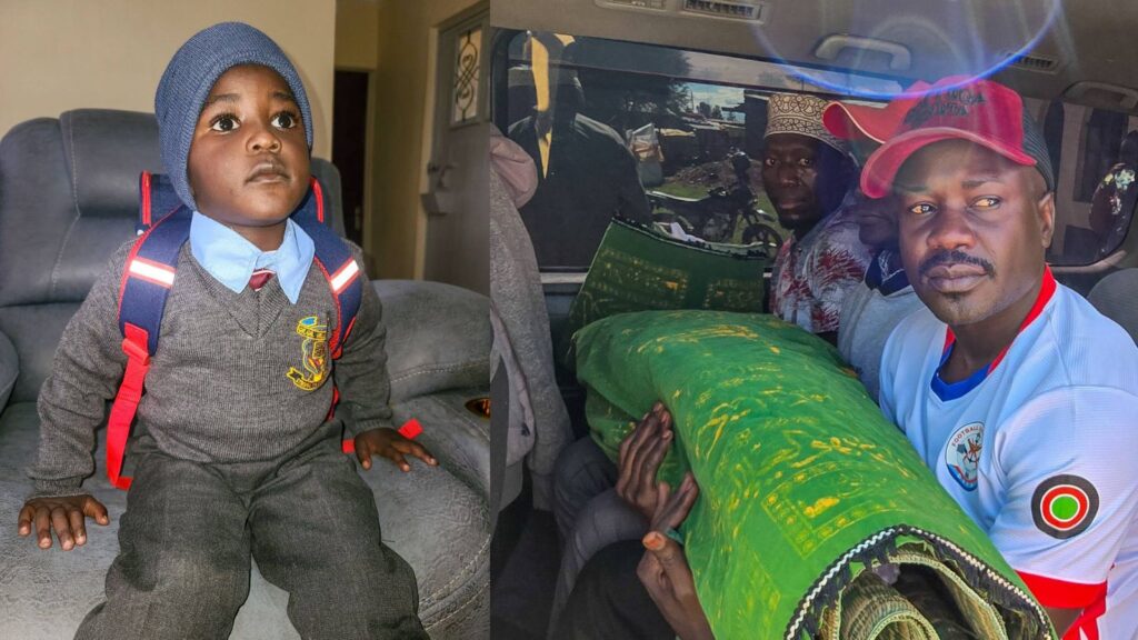 A side-by-side image showing a young child in a school uniform sitting on a couch with a backpack, and a separate scene of men inside a vehicle carrying a wrapped body during a burial procession.