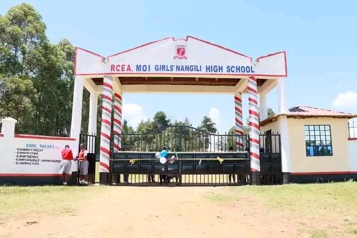 Entrance gate of Moi Girls Nangili High School with students standing nearby, set against a clear sky and surrounded by trees.