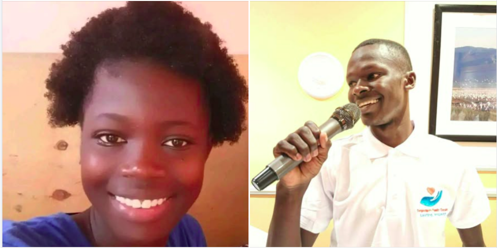 Side-by-side images of a young woman smiling in a portrait photo and a young man holding a microphone, identified as the suspect in her killing in Kisumu.