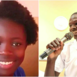 Side-by-side images of a young woman smiling in a portrait photo and a young man holding a microphone, identified as the suspect in her killing in Kisumu.