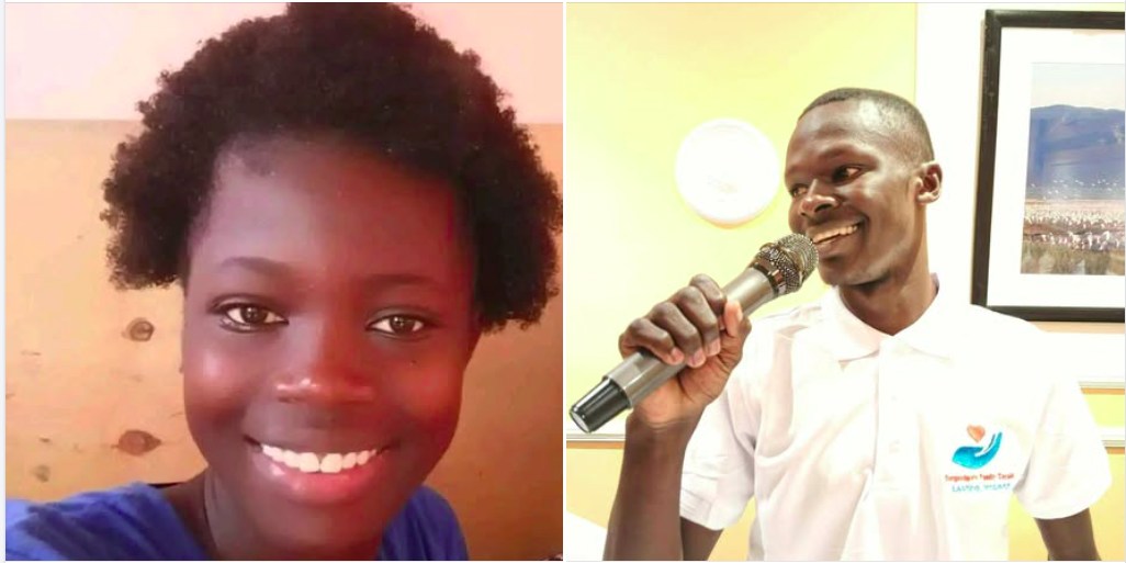 Side-by-side images of a young woman smiling in a portrait photo and a young man holding a microphone, identified as the suspect in her killing in Kisumu.