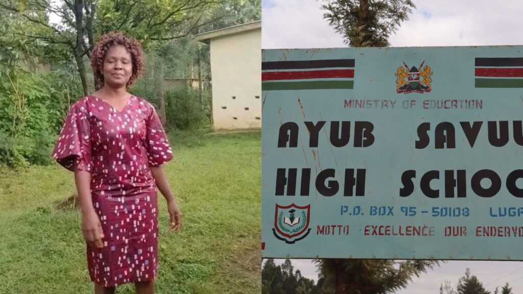 A side-by-side image showing a woman standing outdoors in a maroon dress and a signboard for Ayub Savula High School in Lugari, Kakamega County.