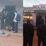 A man lies on the ground outside a small hotel building as police officers and bystanders stand nearby; another view shows people gathered in front of Majaliwa Hotel and Restaurant in Kibabii after the incident.