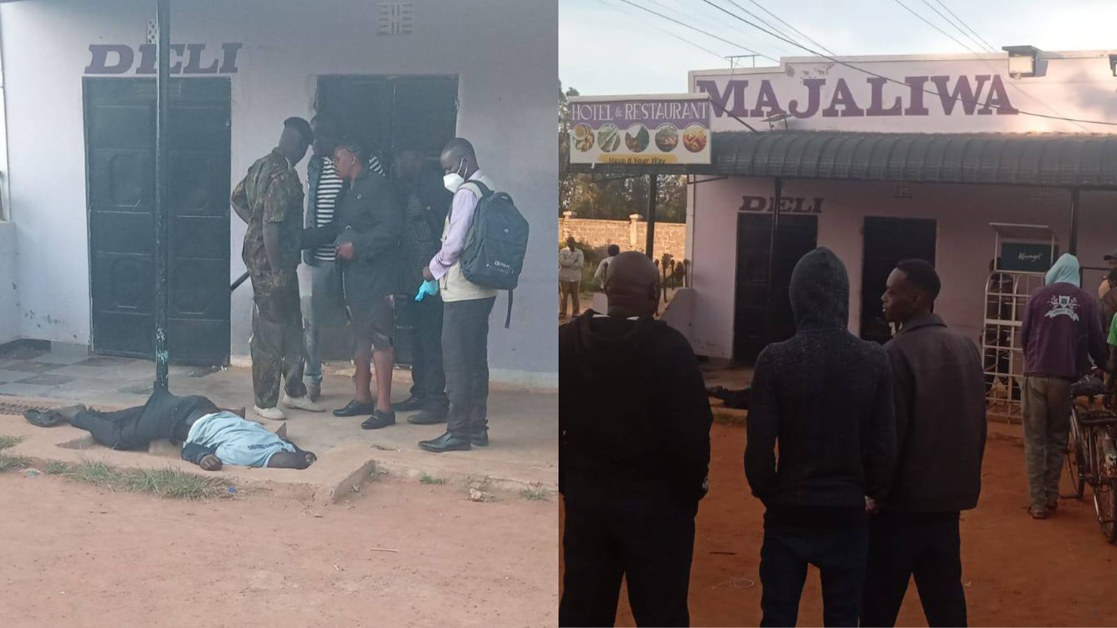 A man lies on the ground outside a small hotel building as police officers and bystanders stand nearby; another view shows people gathered in front of Majaliwa Hotel and Restaurant in Kibabii after the incident.