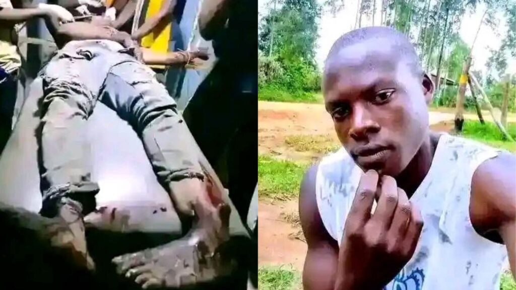 Left: A group of people carrying the body of a young man on a makeshift stretcher at night. Right: A portrait of a young man outdoors, wearing a sleeveless shirt, looking at the camera.