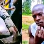 Left: A group of people carrying the body of a young man on a makeshift stretcher at night. Right: A portrait of a young man outdoors, wearing a sleeveless shirt, looking at the camera.