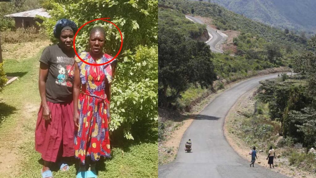 A side-by-side image showing Rose Namukhosi (circled) standing next to another woman outdoors, and a winding rural road through a hilly landscape in Baringo County where she was later found.