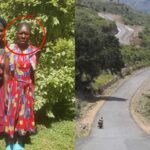 A side-by-side image showing Rose Namukhosi (circled) standing next to another woman outdoors, and a winding rural road through a hilly landscape in Baringo County where she was later found.