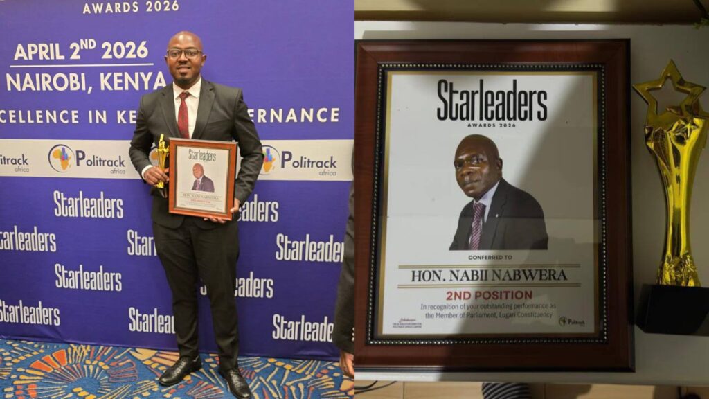 A side-by-side image showing Lugari MP Nabii Nabwera in a suit holding an award at the Starleaders Awards 2026 event in Nairobi, and a close-up of his framed certificate indicating a second-place ranking, placed next to a gold trophy.