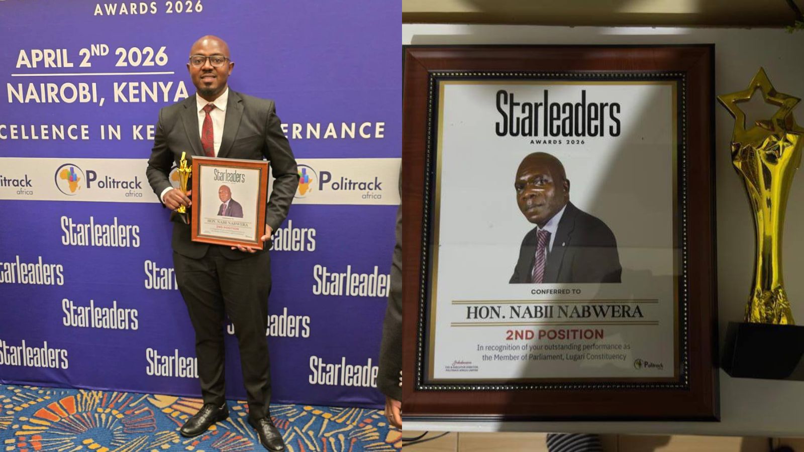 A side-by-side image showing Lugari MP Nabii Nabwera in a suit holding an award at the Starleaders Awards 2026 event in Nairobi, and a close-up of his framed certificate indicating a second-place ranking, placed next to a gold trophy.