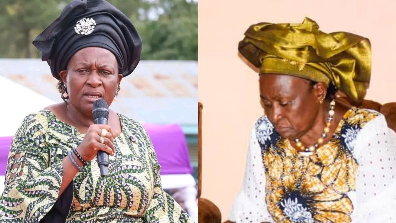 A distorted collage image showing overlapping pages of printed text with markings, partially covering Elsie Muhanda Busihile holding a microphone while addressing an audience.