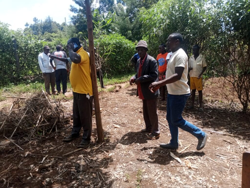 Several men stand and walk around a rural compound with scattered vegetation and wooden structures, observing the scene where a recent incident took place.