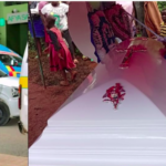 Side-by-side images showing a young woman dressed in a red jacket and blue pants standing by a roadside, and a burial scene with mourners gathered around a white coffin adorned with a cross and flowers.