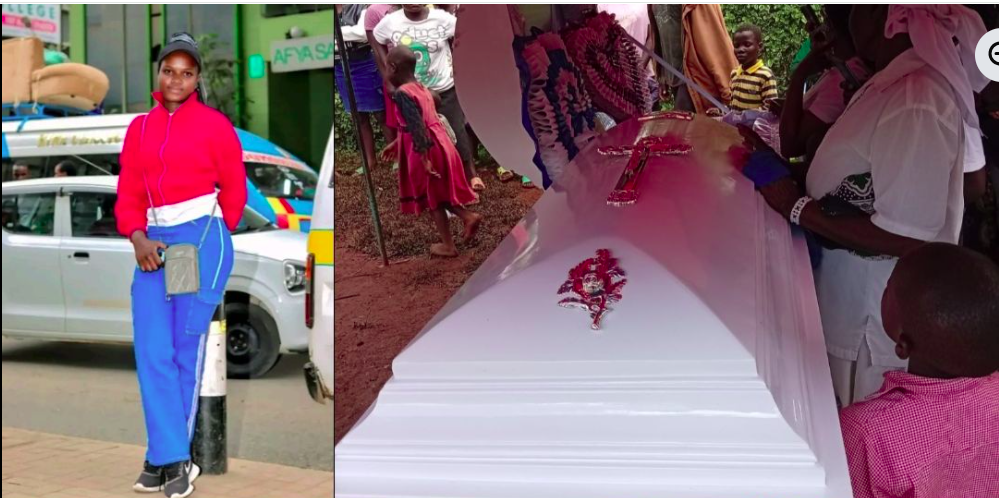 Side-by-side images showing a young woman dressed in a red jacket and blue pants standing by a roadside, and a burial scene with mourners gathered around a white coffin adorned with a cross and flowers.