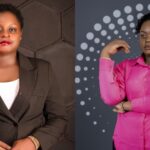 Two studio portraits of a young African female journalist, one in a black blazer and the other in a pink shirt, posing against professional backdrops.