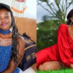 A side-by-side collage showing two photos of Abigael Nafula Ogara. In the left image, she is seated indoors wearing a blue outfit and black cap. In the right image, she is outdoors on green grass wearing a red dress and smiling brightly.