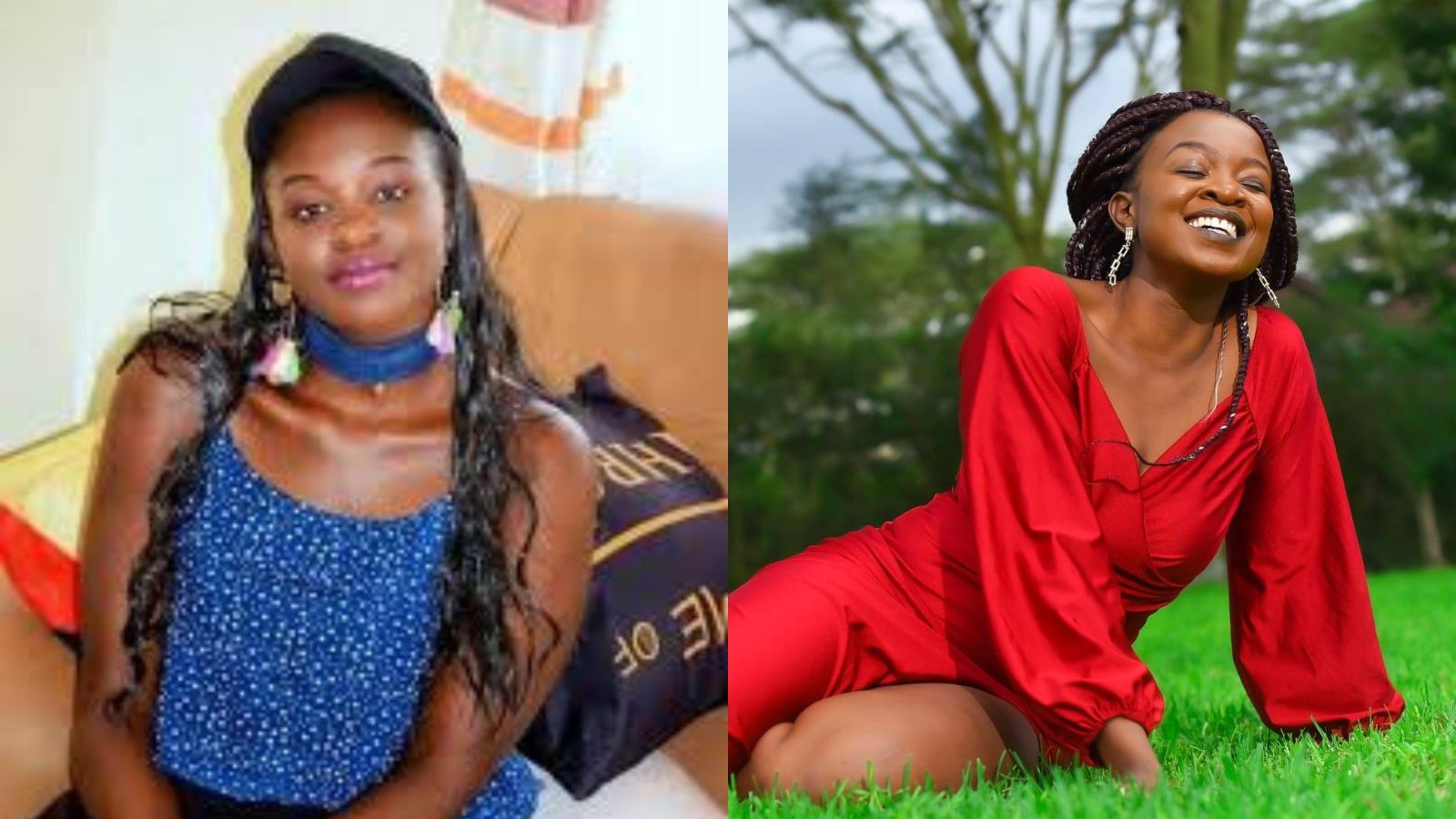 A side-by-side collage showing two photos of Abigael Nafula Ogara. In the left image, she is seated indoors wearing a blue outfit and black cap. In the right image, she is outdoors on green grass wearing a red dress and smiling brightly.
