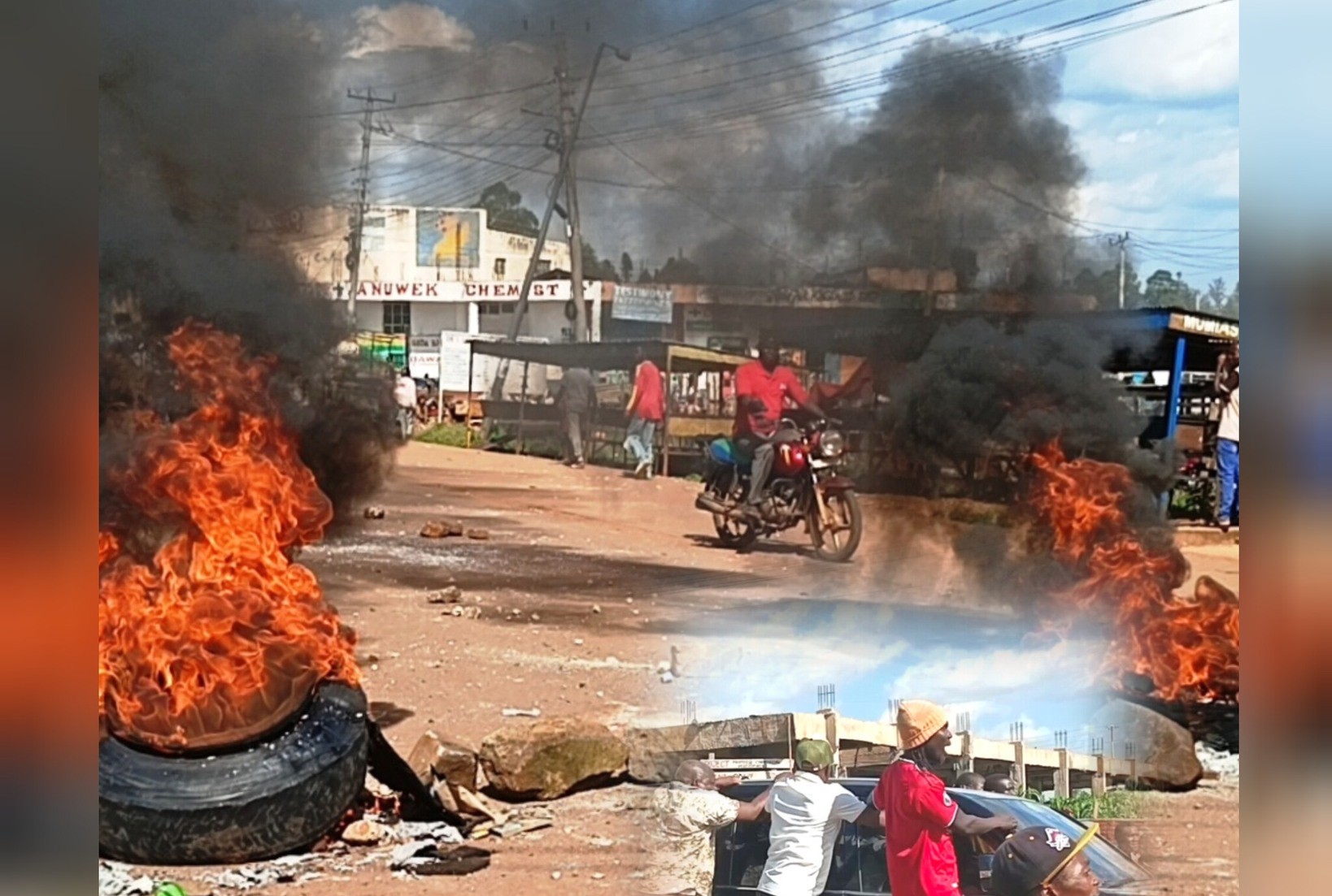 Protesters block a road in Mumias town using burning tyres and stones as thick black smoke rises into the sky while motorists and residents move through the tense scene.