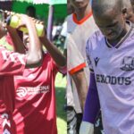 A split image showing contrasting emotions at the Kakamega County KSSSA 2026 football championships. On the left, a Butere Girls player drinks water during post-match celebrations after winning the county title. On the right, a disappointed Musingu Boys