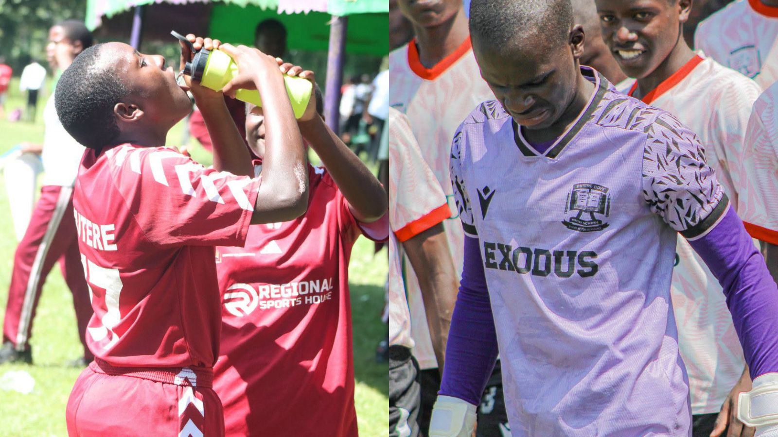 A split image showing contrasting emotions at the Kakamega County KSSSA 2026 football championships. On the left, a Butere Girls player drinks water during post-match celebrations after winning the county title. On the right, a disappointed Musingu Boys