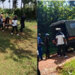 **Caption:** Police officers and residents at Magui Inoko Village in Vihiga County after recovering the body of a middle-aged man who allegedly died by suicide following a reported family dispute. The body was later transferred to a mortuary as investigations commenced. *(Photo: Courtesy)* **Alt text:** A split image showing residents and police officers carrying a covered body from a homestead in Magui Inoko Village, Vihiga County, and a police vehicle parked on a rural road as officials prepare to transport the body for further investigations.