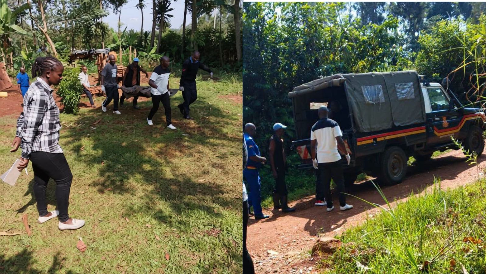 **Caption:** Police officers and residents at Magui Inoko Village in Vihiga County after recovering the body of a middle-aged man who allegedly died by suicide following a reported family dispute. The body was later transferred to a mortuary as investigations commenced. *(Photo: Courtesy)* **Alt text:** A split image showing residents and police officers carrying a covered body from a homestead in Magui Inoko Village, Vihiga County, and a police vehicle parked on a rural road as officials prepare to transport the body for further investigations.