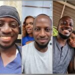 Collage of three photographs showing a smiling man in medical scrubs, a selfie of the man with a woman behind him, and the couple posing together in a close-up photo.