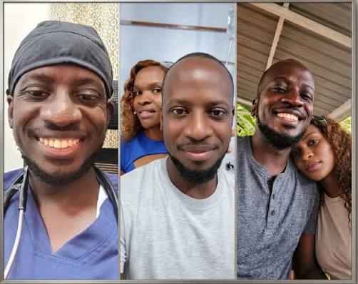 Collage of three photographs showing a smiling man in medical scrubs, a selfie of the man with a woman behind him, and the couple posing together in a close-up photo.
